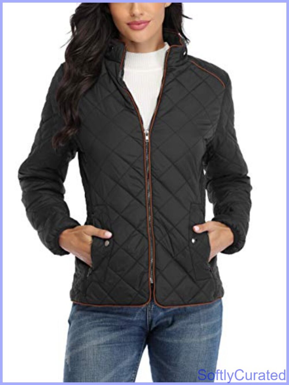 Women's Lightweight Quilted Jacket Stand Collar Zip Warm Winter Coat w 2 Pockets